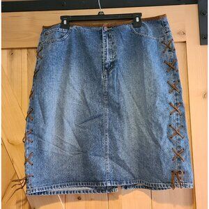 Vtg Venezia Jeans Denim Lace Up Suede Side Tie Jean Skirt Size 18 Boho 90s Y2K
